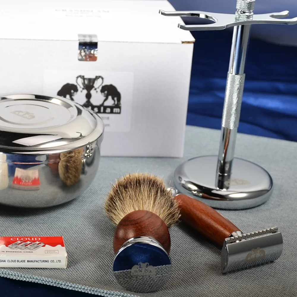 Grandslam مجموعة الحلاقة مزدوجة حافة شفرة الحلاقة الآمنة الرجال الغرير فرشاة شعر حامل خشبي القدح كريم عاء الصابون كيت أفضل الرجال هدية