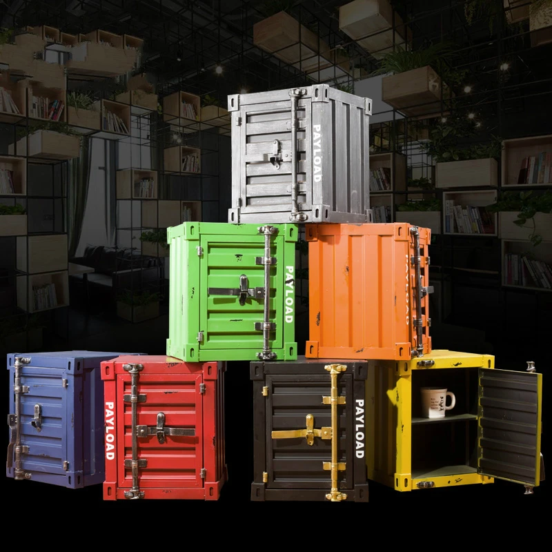 Industrial Style Retro Container Wrought Iron Bedside Table Lock Locker Storage Cabinet Bed Drawer Cabinet