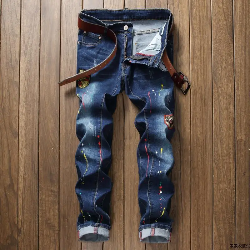 New Patchwork Printed Jeans Men Casual Slim Fit Straight Painted Jeans
