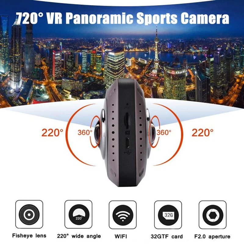 Outdoor Sports Camera 360 Panoramic VR Video Recorder Mini WiFi Action Sports DV Double Sided Fish Eyes Lens Gravity Sensor Cam