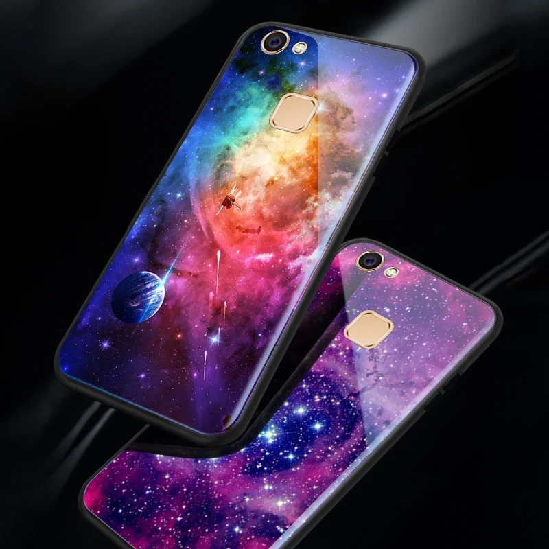 

Tempered Glass Phone Case For BBK Vivo V5 Lite Y66 Y67 Cool Space Moon Case For Vivo V7 plus Y79 Y69 Y75 Planet Stars Back Cover