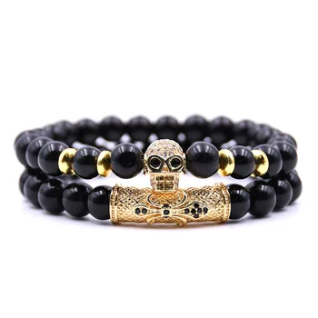 

HYHONEY 2pcs/set Black stone 8mm beads Bracelet Men Micro Pave CZ Skull Charms Bracelet For women pulseras