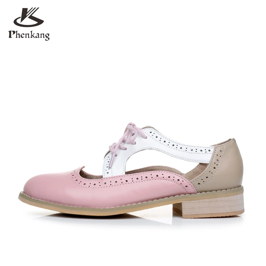 

Genuine leather big woman US size 11 designer vintage shoes round toe handmade pink white grey 2017 sping oxford shoes for women