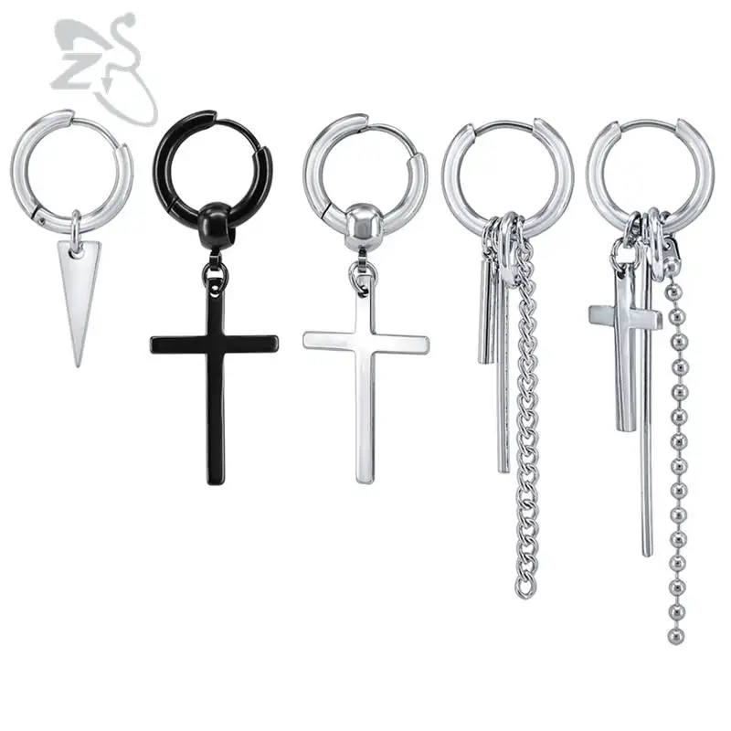 

ZS Small Hoop Earrings Stainless Steel Earrings for Women Men Black Round Cross Long Tassel Round Hoop Earrings boucle d'oreille