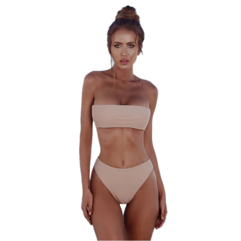 Bikini 2019 Mujuer High Leg Bandeau Bikinis Set Swimsuit Women Push Up Solid Sexy Swimwear Bathing Suit Brazilian Biquini Summer