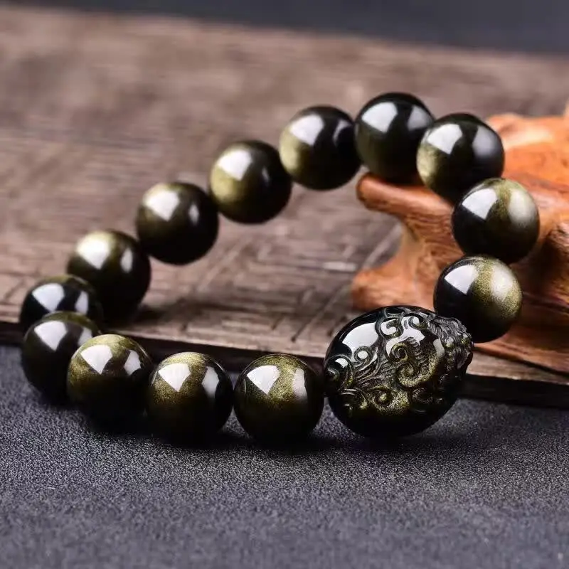 

2019 Men's Bracelet Bangle Natural Gold Obsidian Round Beads Dragon Turtle Bracelets Gift for Male's Fashion Jades Stone Jewelry