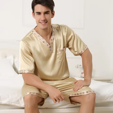 Pijama de Seda Roupa para Usar em Casa Curto para Homens Camisola de Manga Masculino Tamanho Grande Peças D-2168 2