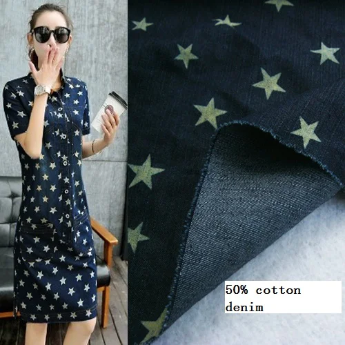 

free ship 50% cotton denim fabric star print style price for 1 yard 53"