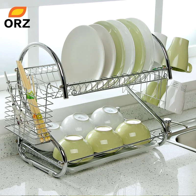 $16.28 S-Shaped Dish Rack Set 2-Tier Chrome Stainless Plate Dish Cutlery Cup Rack With Tray Steel Drain Bowl Rack Kitchen Dish Shelf