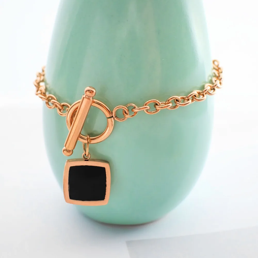 

New Fashion Rose Gold Stainless Steel Women's Bracelets Black Square And Cylinder Buckle Charm Bracelets Jewelry SL066