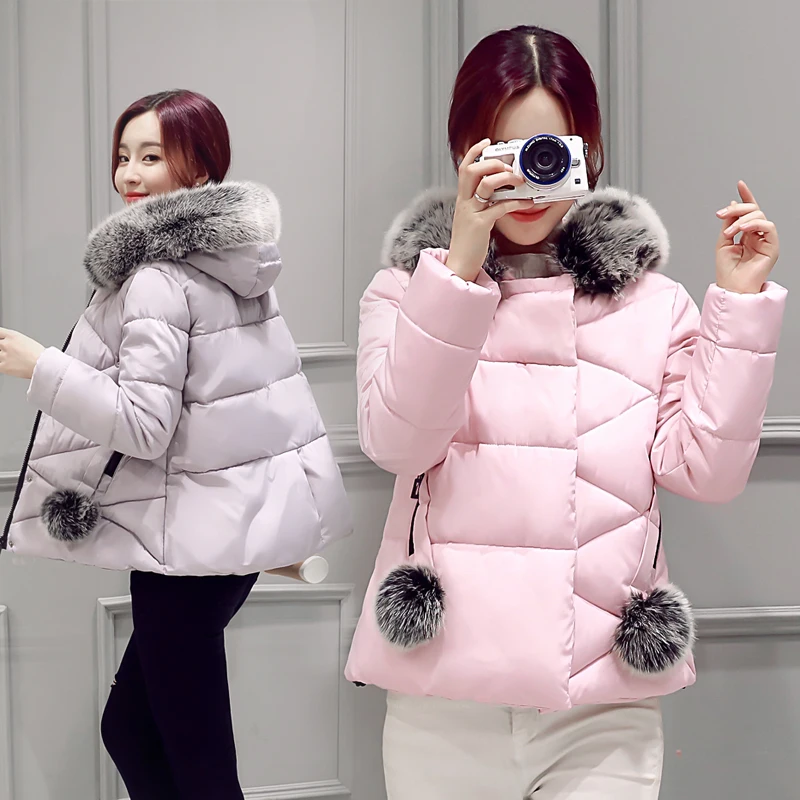 2016 New Winter Female Cotton Short Size Coat Fur Collar Jacket Thick Slim Slim All match
