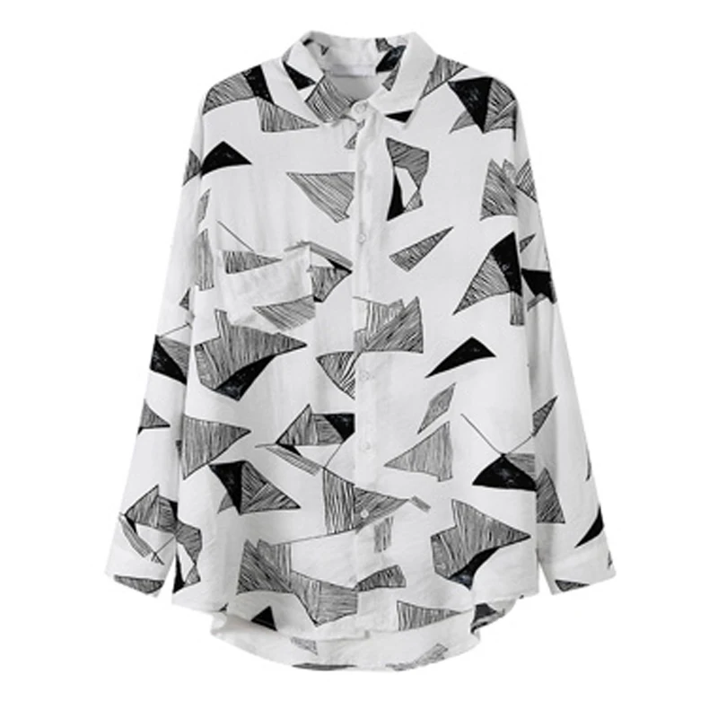 

PERHAPS U women black white geometric print turn down collar long sleeve shirt loose sexy B0200