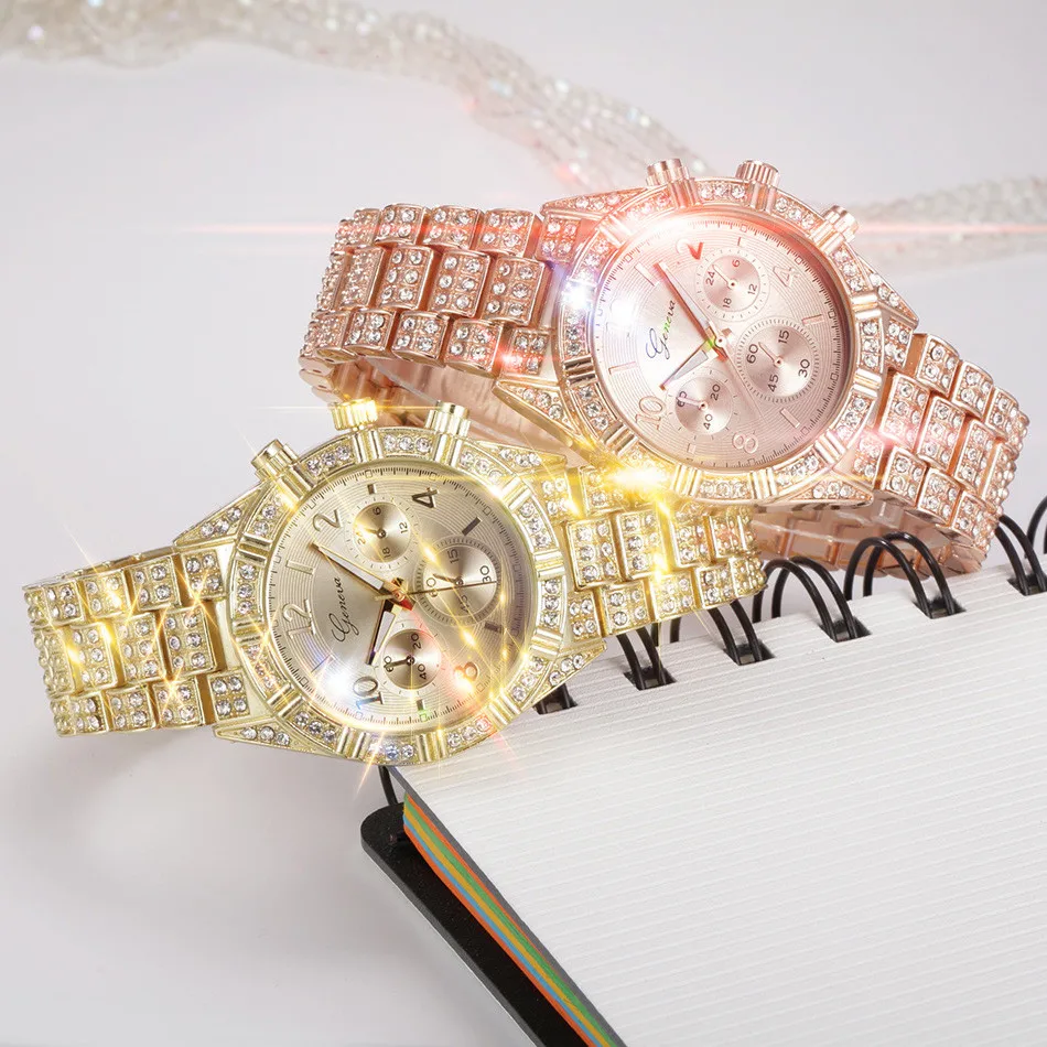 Модные женские часы браслет из нержавеющей стали женские часы GENEVA Роскошные Кварцевые аналоговые часы с бриллиантами Подарки для женщин