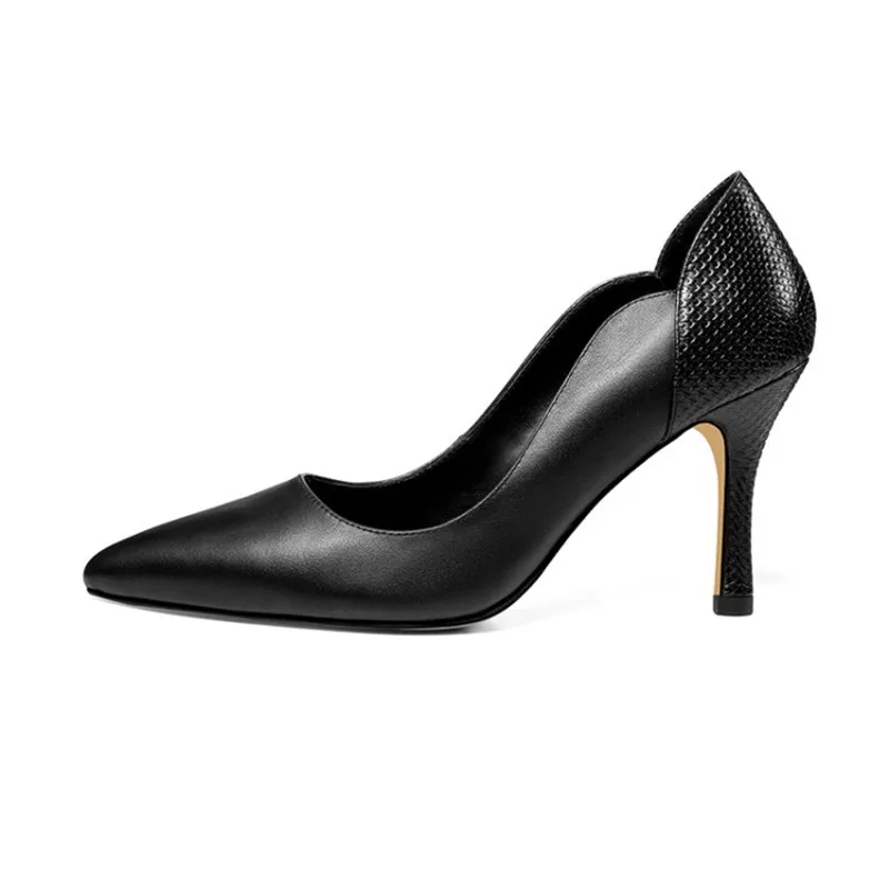 

2019 spring and autumn embossed stiletto heels pointed shallow mouth women's shoes black ljj 0324
