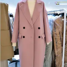 Новое поступление, зимнее женское розовое шерстяное пальто с длинными рукавами, двубортное пальто средней длины с карманами, верхняя одежда