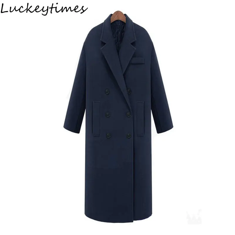 Женское длинное Свободное пальто-кокон из смесовой шерсти, коллекция года, модная утепленная женская верхняя одежда с хлопковой подкладкой, Элегантная куртка для девочек, размеры s, m, l, xl - Цвет: Синий
