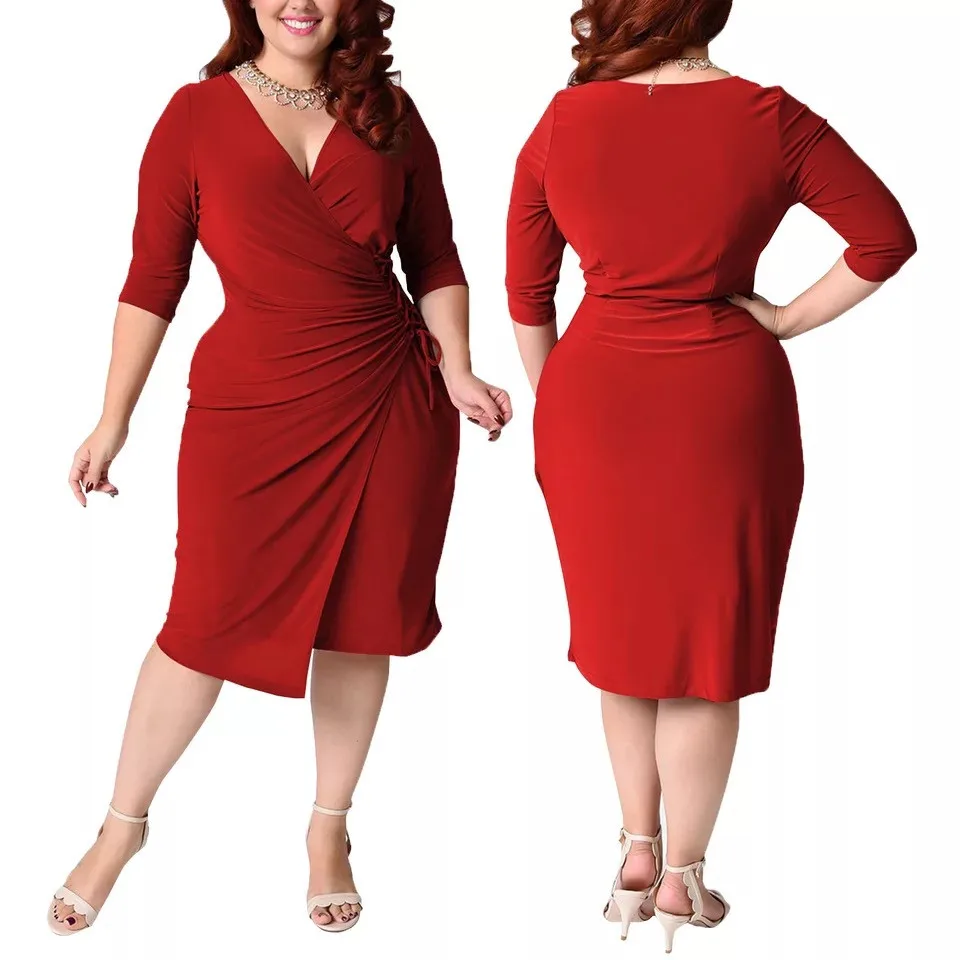 

Women Dress 2019 New Arrival Women Plus Size Deep V-Neck Straps Waist Pocket Hip Dress Knee-Length Spring dress 3.12