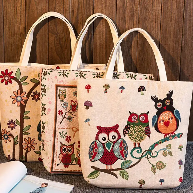 

Canvas Cute Cartoon Floral Owls Print Shoulder Bag Retro Women Handbags Tote Big Capacity Shopping Bags FA$B Women bag