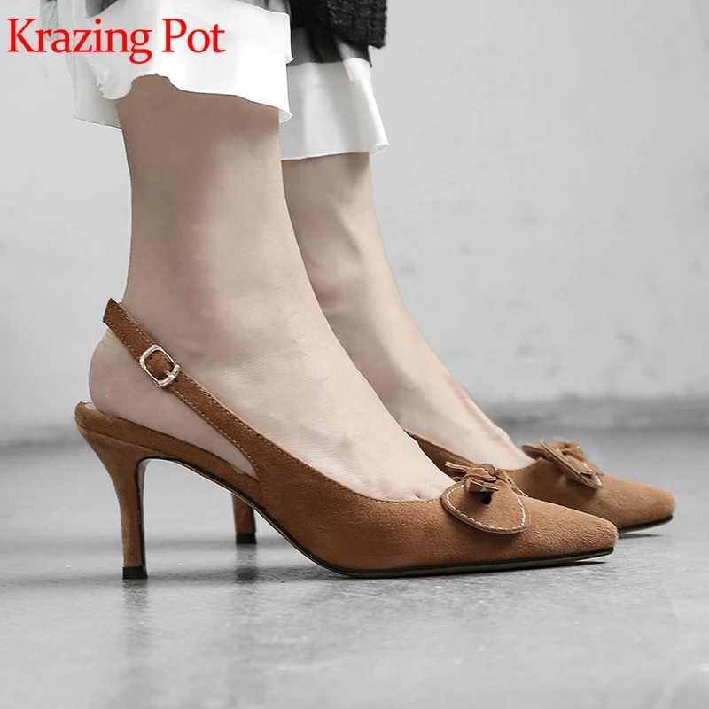 

Krazing Pot new sheep suede pointed toe women high heels empty back gladiator European design butterfly-knot slingback pumps L22