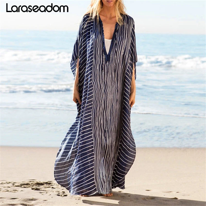 

2019 Plus Size Striped Summer Beachwear Chiffon Kaftan Beach Woman Tunic Bath Dress Robe plage Swim Wear Cover Up #N242