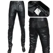 Мужская одежда теплые мужские мотоциклетные кожаные брюки приливный ток мужской тонкий черный искусственная кожа брюки мужские модные черные