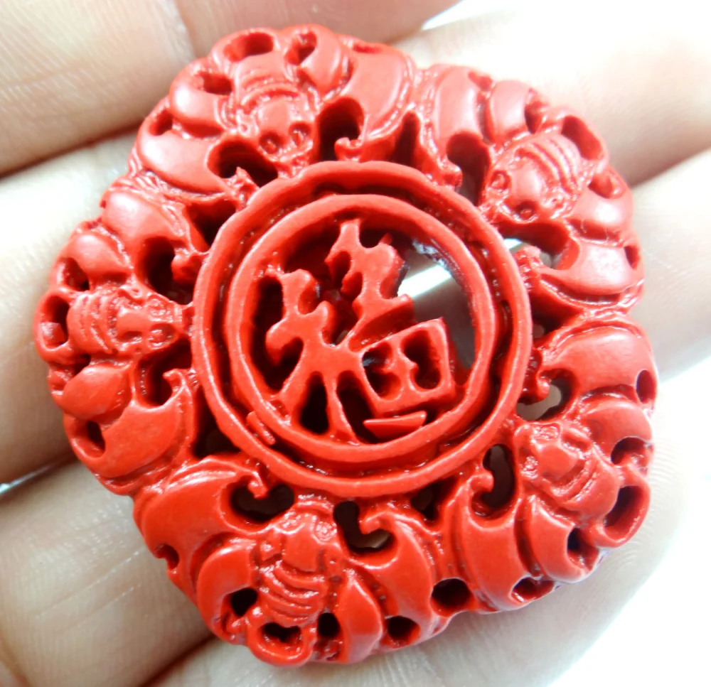 

43*43MM Free shipping Chinese Red Organic Cinnabar pendant necklace blessing hand-carve