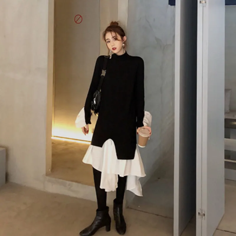 

2019 Autumn Winter New O-Neck Turtleneck Loose Casual Patchwork Irregular Sweater Women Flare Sleeve Knitted Long Sweater Female