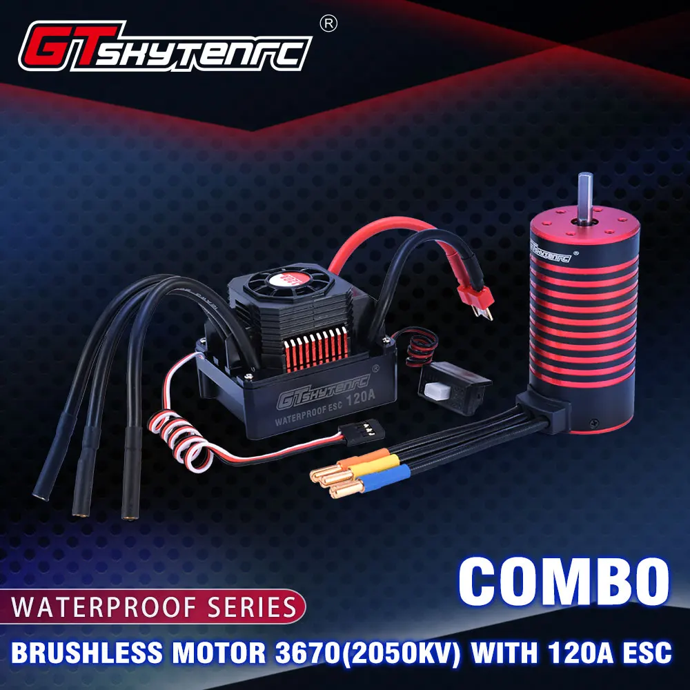 

GTSKYTENRC Waterproof Set 3670 2050KV 2650KV 2850KV Brushless Motor w/Heat Sink 120A Brushless ESC for 1/10 1/8 RC Car