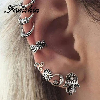 

FAMSHIN 8 Pcs/ Set Ethnic Wind Jewelry Vintage Sculpture Flower Ear Clip Bohemian Sun Moon Stars Stud Earrings For Women