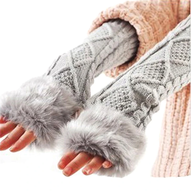 Женские зимние наручные руки теплые из искусственного кроличьего меха вязаные длинные перчатки без пальцев 94TN