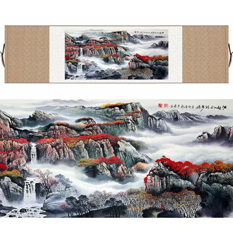 

Traditional Chinese Silk watercolor Hill Waterfall Landscape Feng Shui print canvas wall picture damask framed scroll painting
