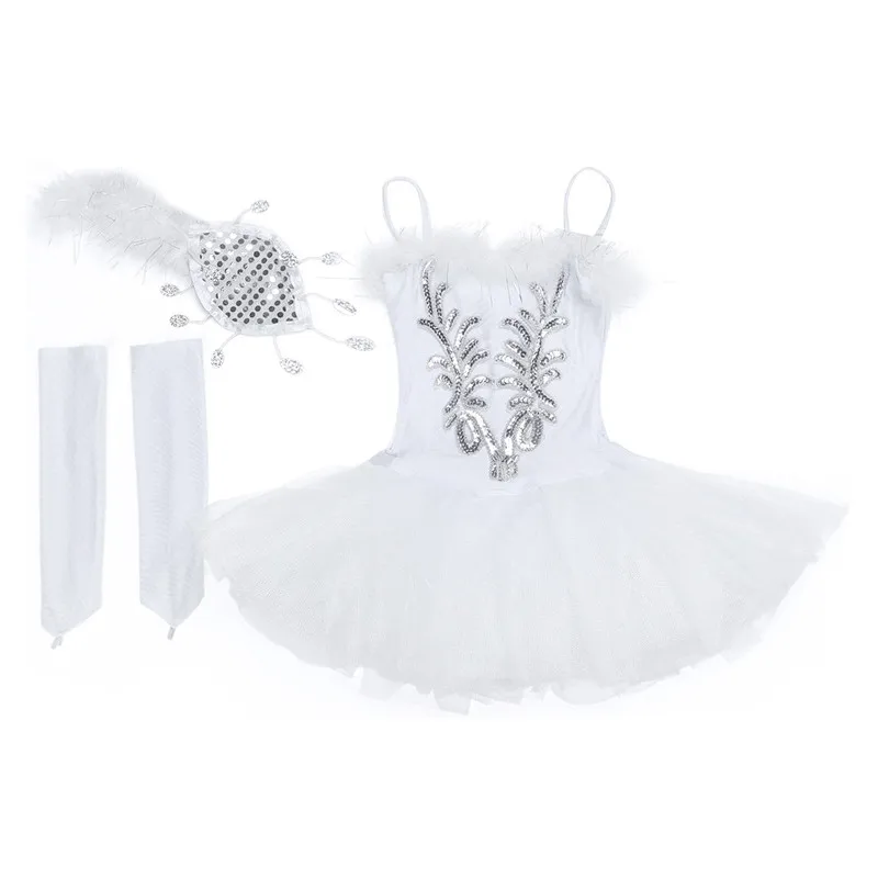TiaoBug/Белое платье для танцев с лебедем для девочек; Детские Балетные платья-пачки с расшитые блестками и бисером; танцевальный сценический костюм принцессы
