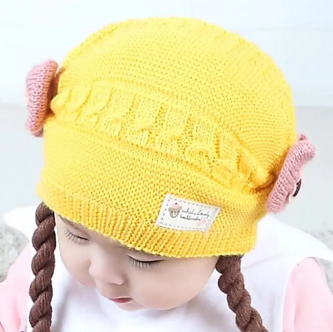 Милые детские вязаные косички для париков шапок с бантиком для новорожденных девочек, шапка, детские шапки, теплые зимние детские шапочки для детей 3-18 месяцев - Цвет: Yellow