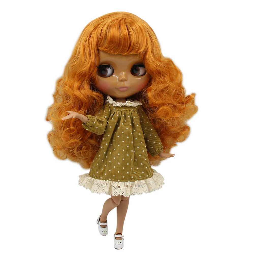 ICY DBS Blyth doll dark skin orange curly hair and glossy face nude joint body BL0145