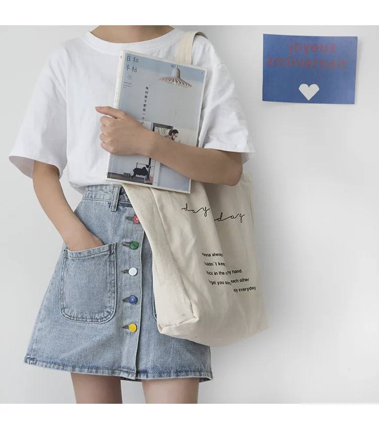 Women Canvas Shoulder Bag Day To Day Letters Print Daily Shopping Bags Students Books Bag Cotton Cloth Handbags Tote For Girls