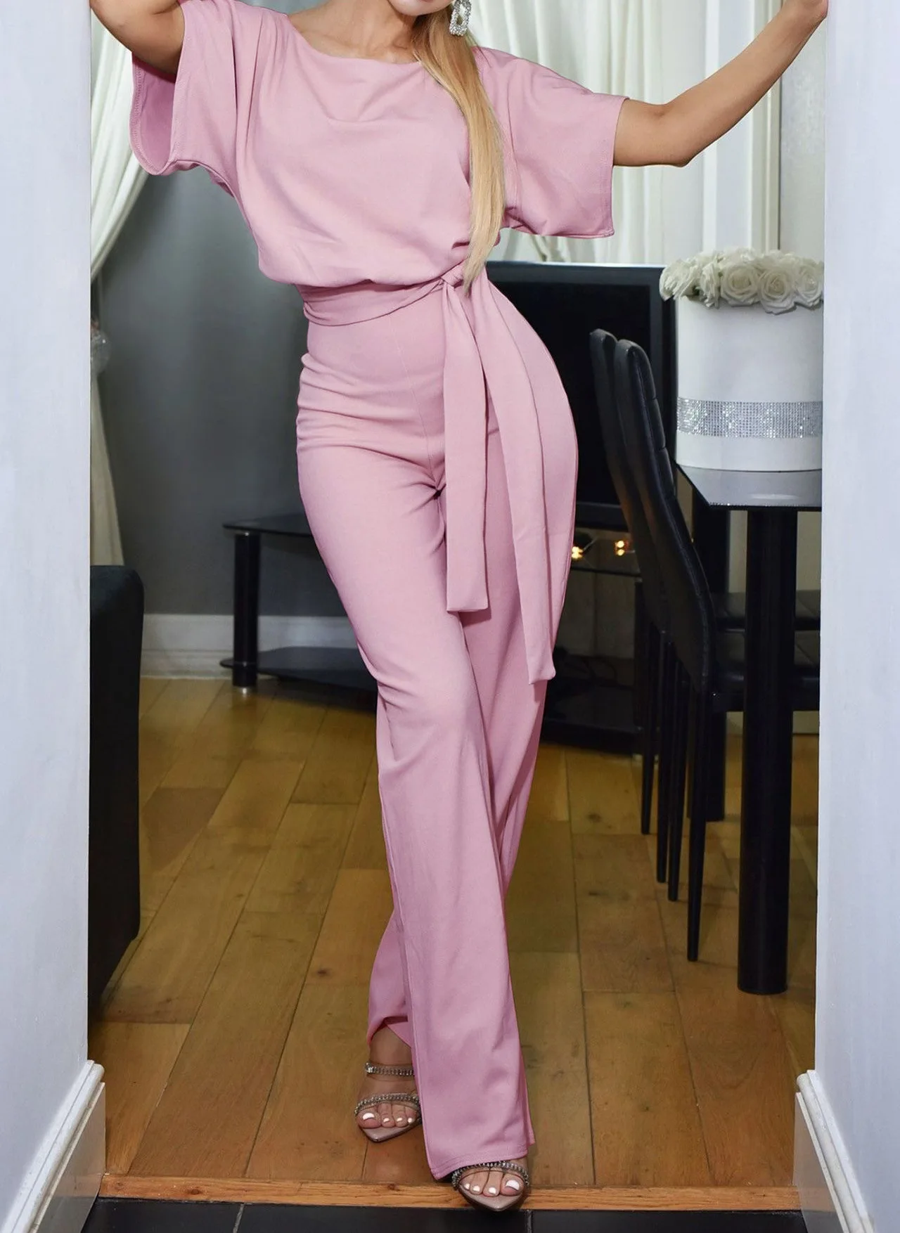 

2019 Summer fashion hollow Button Short Sleeve ladies Jumpsuits Solid Color Round Neck Splicing Strap Straight long Jumpsuits