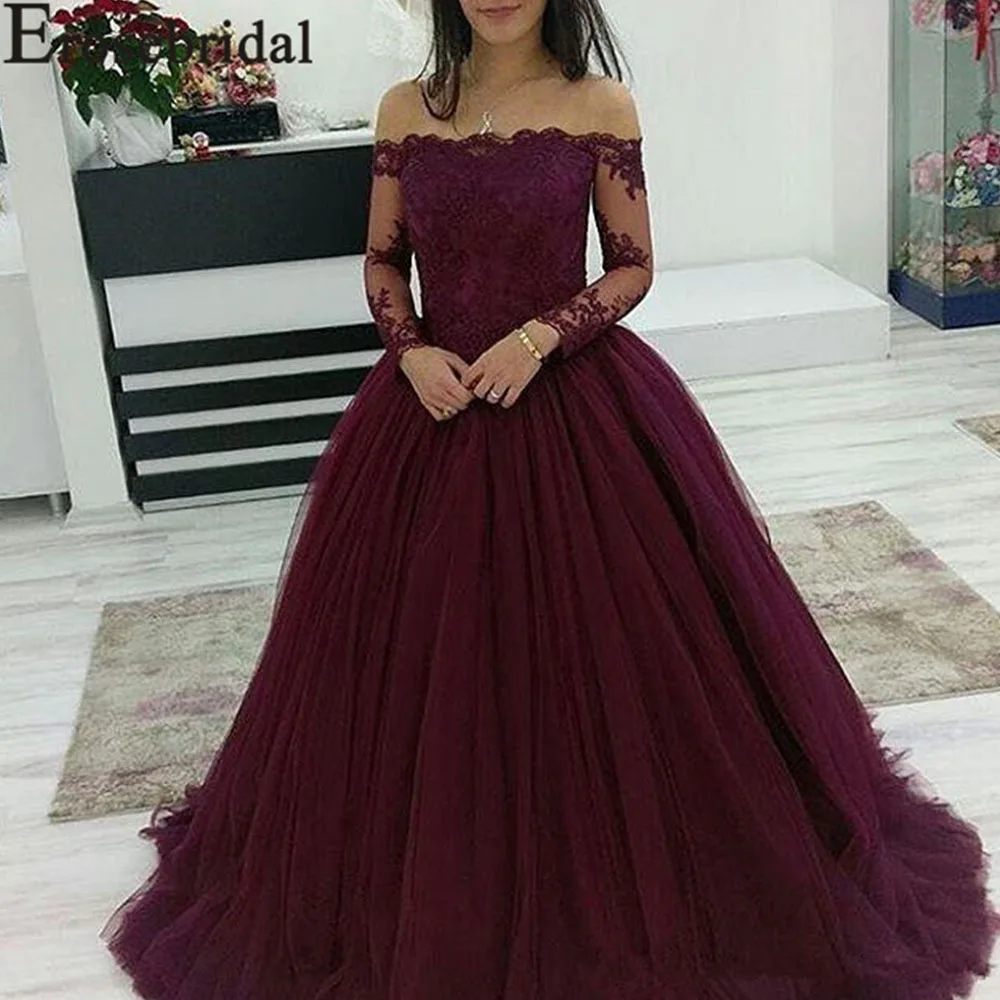 

Erosebridal Ball Gown Lace Evening Dresses Long Sleeves Sexy Bateau Neck Princess Turkey Style Lace Up Plus Size Formal Dress