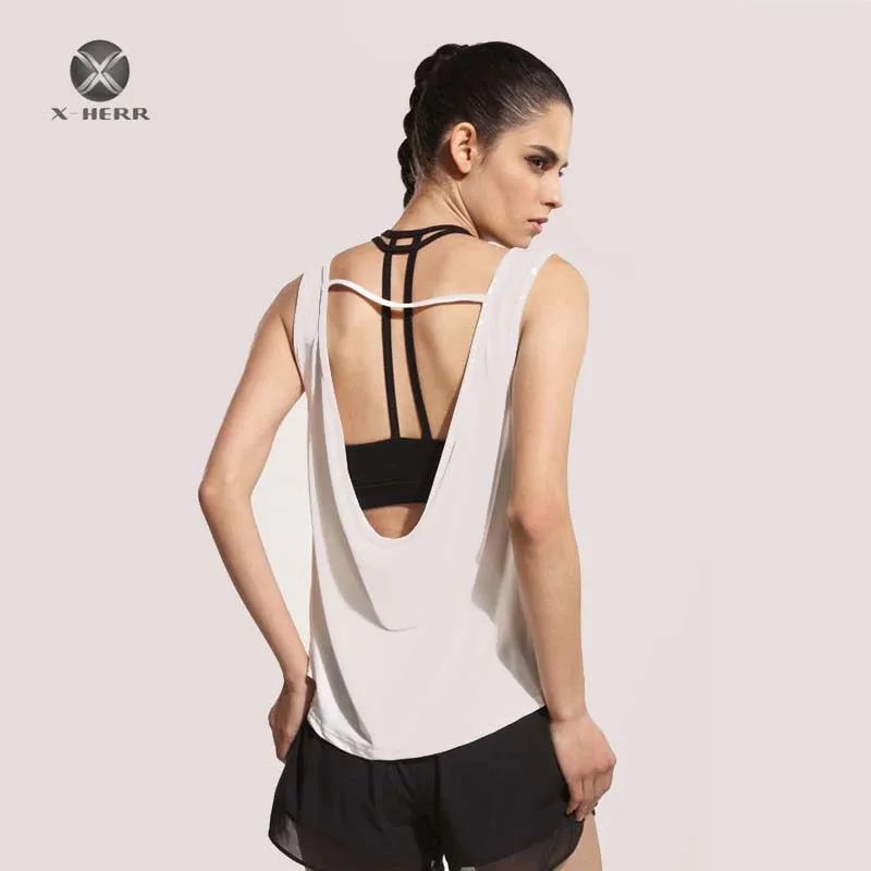 X HERR Quick Dry Elastic Running Vest Backless Loose Black White Sport