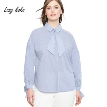 Lazy koko Plus Size Blouse Women Striped Cotton Tie Neck New Fashion Female Shirt Office Lady Bow Big Size Tops 3XL-7XL