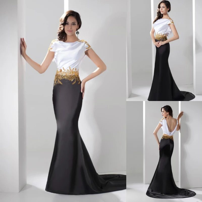 Mermaid Weiss Schwarz Satin Abendkleider Mit Gold Perlen Low Back Lange Elegante Formale Kleid Frauen Abendgarderobe Dress Patterns Evening Gowns Gown Glovegown Evening Dress Aliexpress