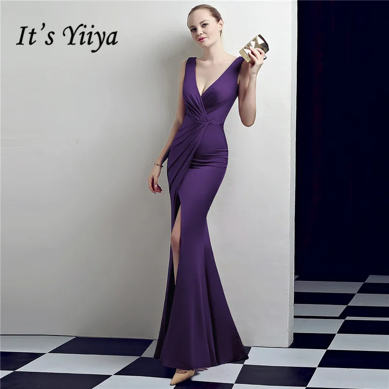 

It's Yiiya Prom dresses Floor-length backless V-neck sleeveless Party Gowns Zipper back slimming Mermaid long evening dress C119