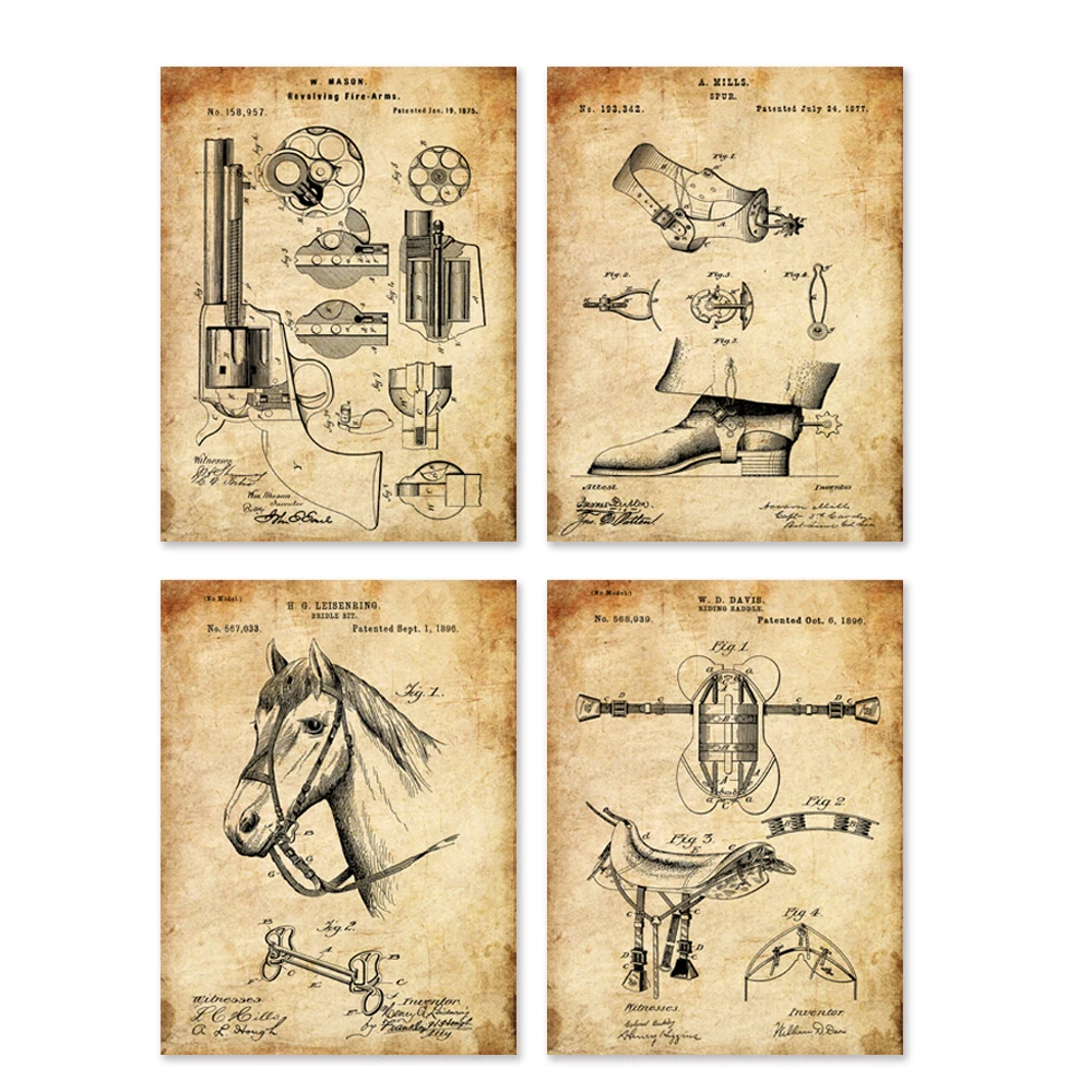 

Cowboy&horse gear Saddle spur lamp revolver fire arm whip spur noose horse collar shoe strangler patent art print sets red dead