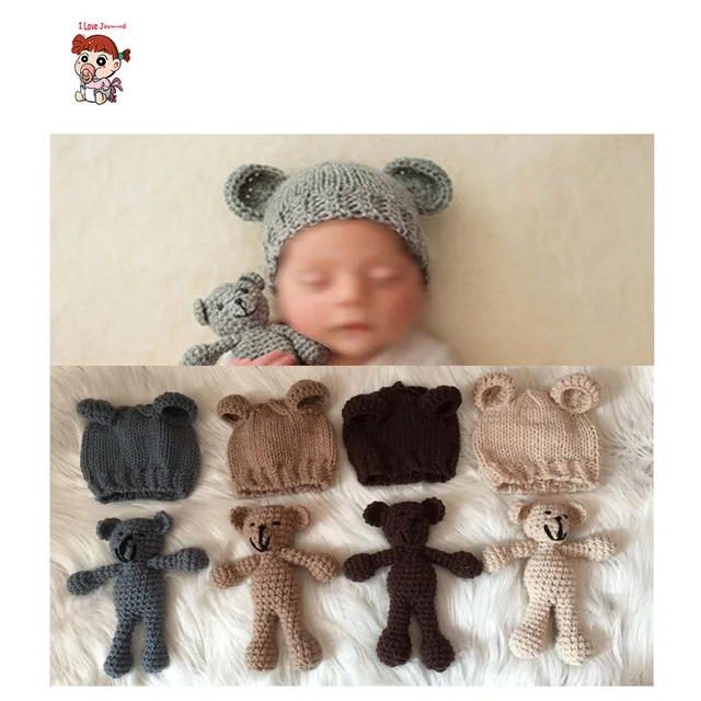 Cute set photography prop photo crochet bear and hand crochet knitted baby hat newborn photography studio Cute set photography prop photo crochet bear and hand crochet knitted baby hat newborn photography studio