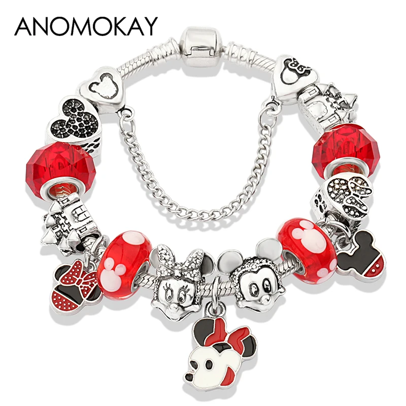 

Dropshipping Best Selling Red Murano Enamel Pan Charm Bracelet Silver Color Mickey Minnie Heart Diy Beads Bracelets Bangles