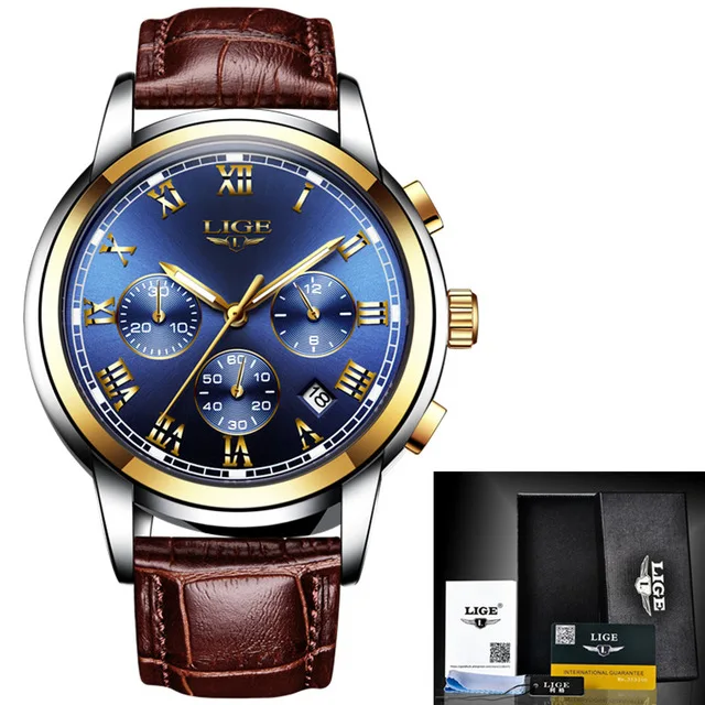Новые мужские часы люксовый бренд LIGE Хронограф Мужские спортивные часы водонепроницаемые кварцевые мужские часы из полной стали Relogio Masculino - Цвет: gold blue leather
