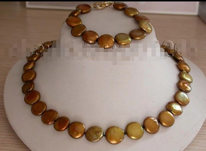 

hot sale FREE SHIPPING 26" Genuine Natural 15mm coffee Coin Pearl Necklace Bracelet set 14k! (A0513)