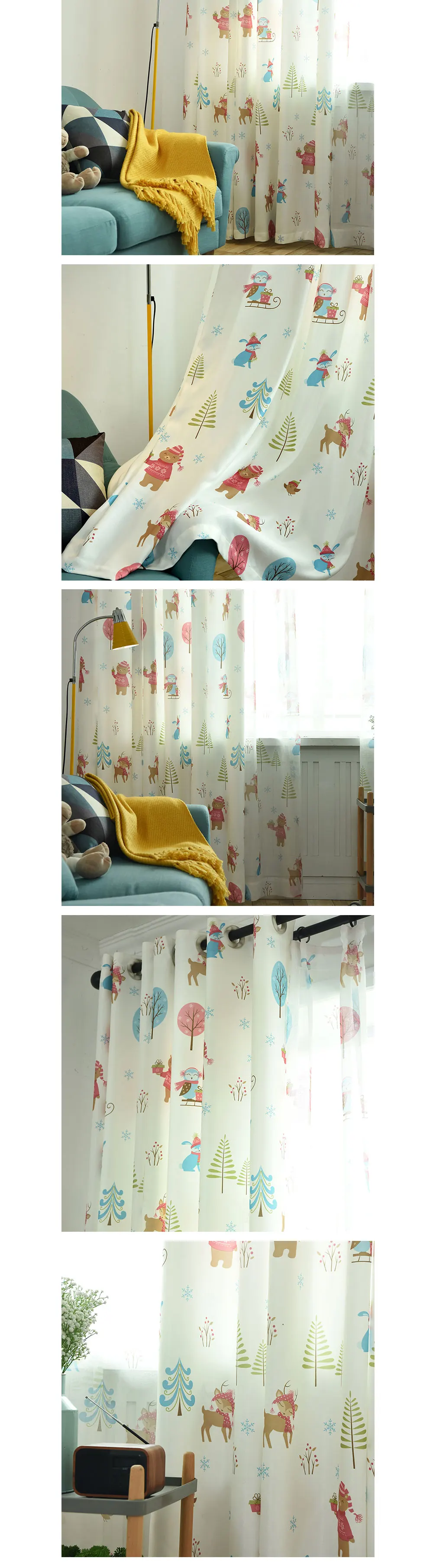 LOZUJOJU High Shading Curtains Cartoon Deer Christmas Drops All Match Tulle for Kids Living Room Windows Thread Fabric Tree (4)