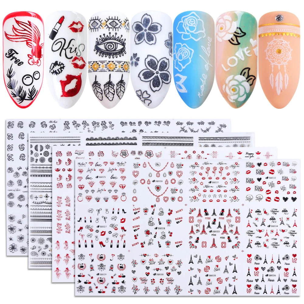 

12pcs Slider Nail Stickers Decal Mix Geometric Tattoo Nail Art Valentine Flower Manicure Dream Catcher Decor Adhesive Tips JI922