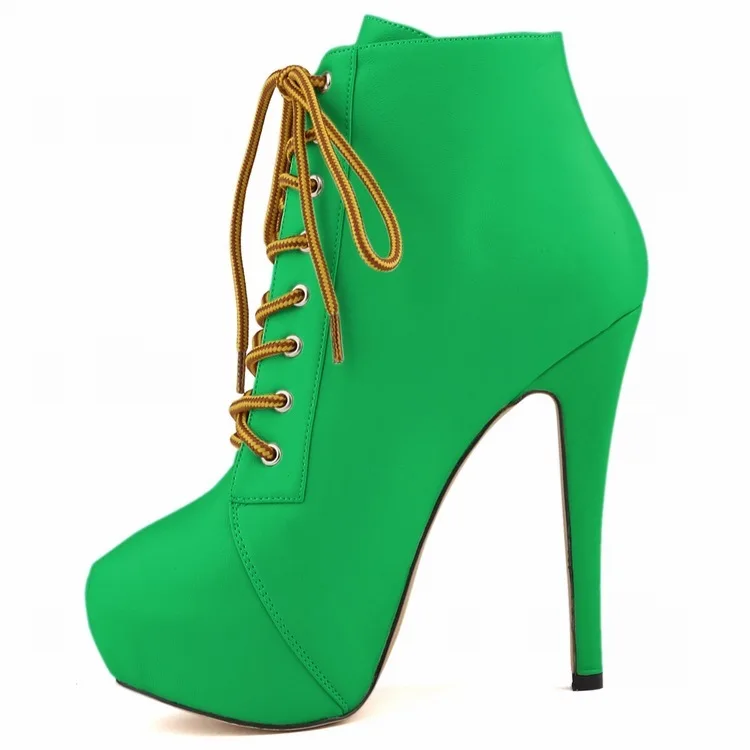 LOSLANDIFEN Women Boots PU Lace Up 14CM Thin Heels Round Toe Waterproof platform Comfort Short Boot Party OL Office Woman shoes