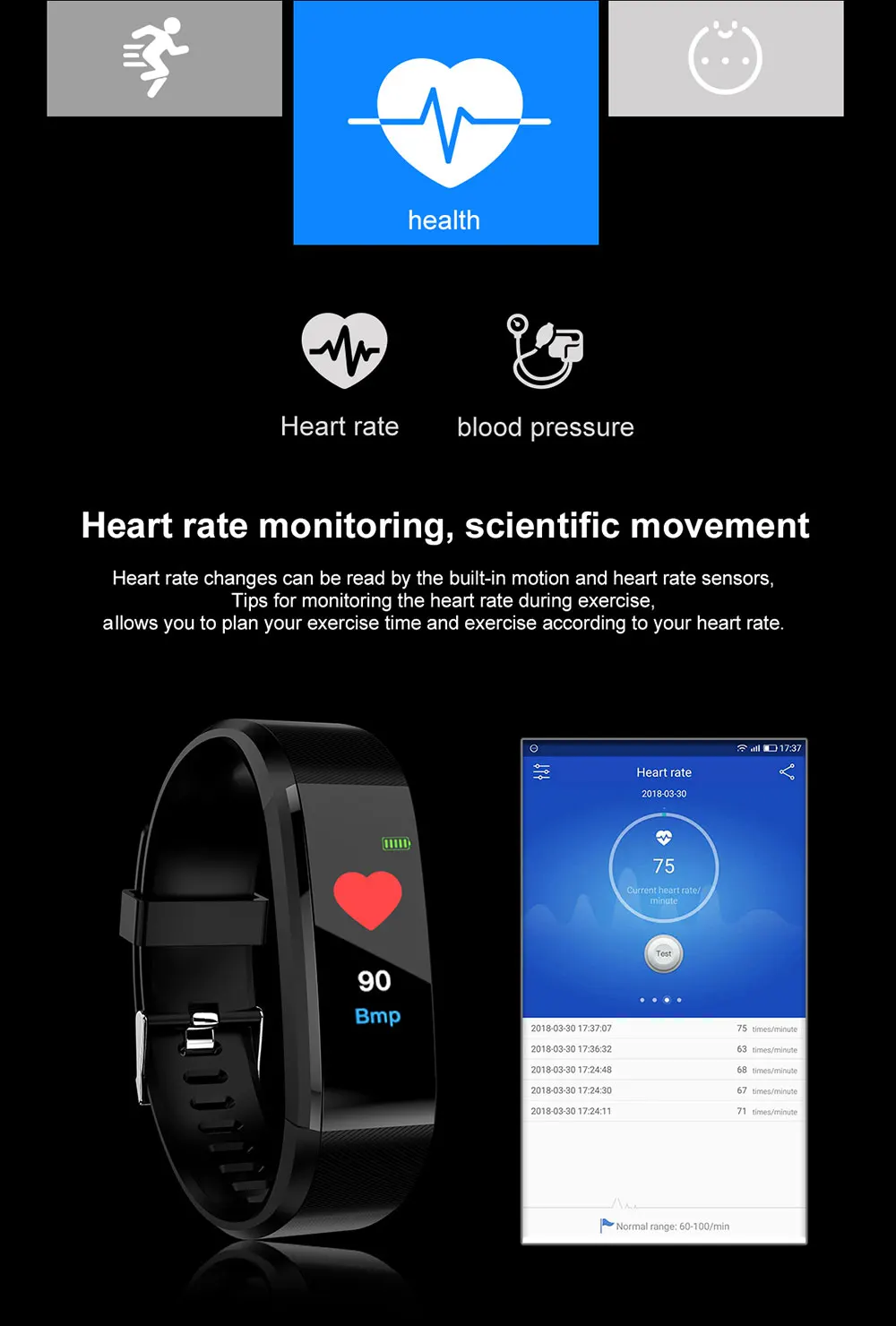 Rovtop 115 Plus Smart Wristbands Blood Pressure Watch Fitness Tracker Heart Rate Monitor Band Smart Activity Tracker Bracelet